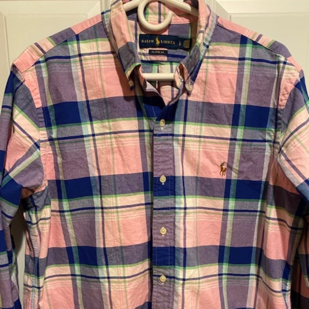 Ralph Lauren Green Blue Pink Plaid short sleeve button down shirt